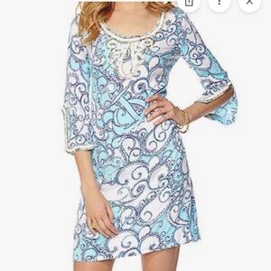 NWT LILLY PULITZER SARAH BEADED Lilly Pulitzer Aqua and White Swirl Dress, M